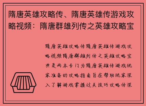 隋唐英雄攻略传、隋唐英雄传游戏攻略视频：隋唐群雄列传之英雄攻略宝典